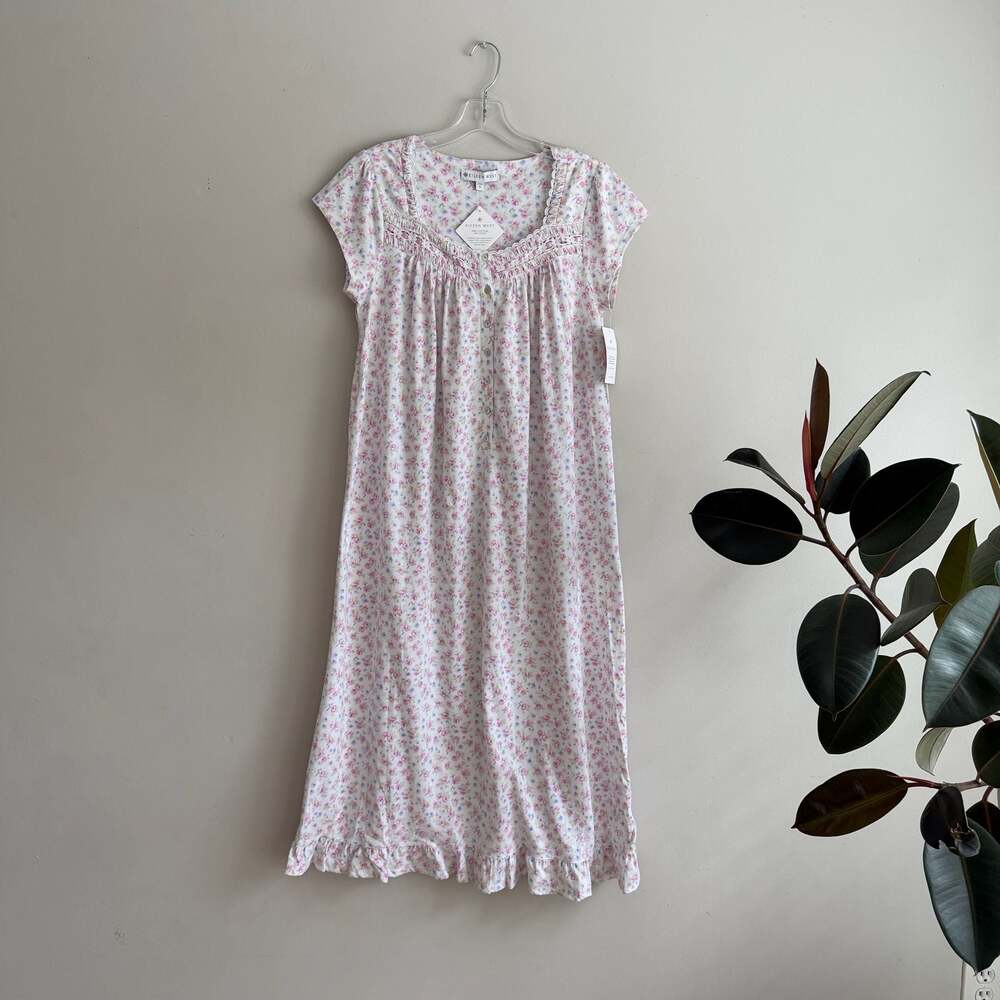Eileen West Floral Cotton Cap Sleeve Midi Ruffle Hem Nightgown S